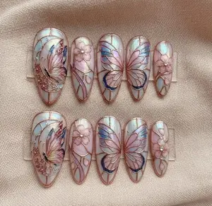 Handmade Butterfly Cherry Blossom Press On Nails, Coquette Art Set, Handmade Glossy Tips, Gift For Her on Birthday