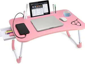 Lap Desk with Tablet Slot Foldable Laptop Table Pink Portable Bed Desk for Laptop Computer Tray with Cup Holder Notebook Stand Reading Holder for Couch Floor Cooling Fan & Lamp MDF Frame