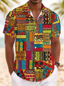 Summer New Men's Short Sleeve Shirt, Vintage African Ethnic Geometric Print, Casual Breathable Beach Holiday Hawaiian Shirt