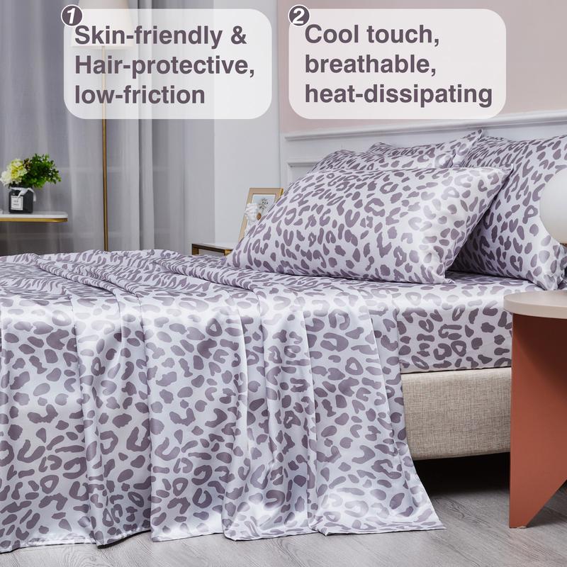 BEKRVIO- 4-Piece Purple leopard Soft Satin Sheet Set Faux Silky Bedding and Pillowcases Cooling & Wrinkle-Free  Fitted  Deep Pocket King Queen Twin Size Skin-friendly & Hair-Protective Low-Friction Cool Touch Breathable Heat-Dissipating Bed Sheet Set
