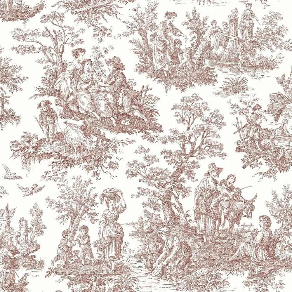 212 MAIN Self-Adhesive Peel & Stick Vinyl Wallpaper, 20.5 in x 16.5 ft Red Country Life Toile Design, Removable Wall Covering for Home Improvement, Bubble & Wrinkle-Free Smooth Finish