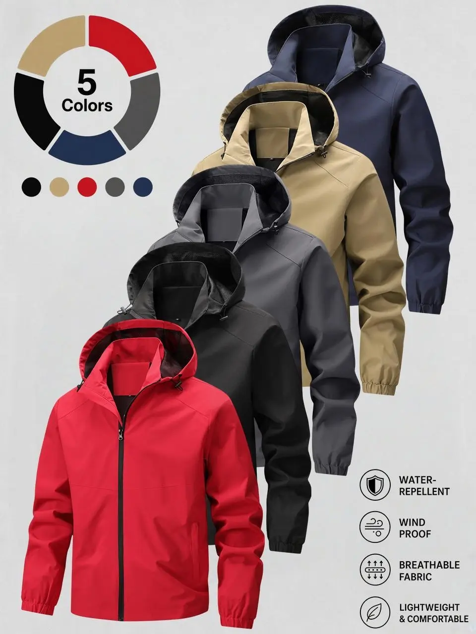Men's Minimalist 100% Polyester Hooded Windbreaker Jackets Zip Up Lightweight, Portable, Tech Style, Adjustable, Water Repellent, Wind Resistant, Breathable Mesh Lining, Side Pockets, Machine Washable Outdoor Wear for Hiking, Daily Commute, 100% Polyest