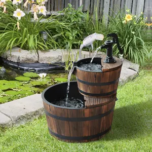 Carbonized solid fir wood outdoor water fountain with adjustable water flow creates gentle running water sound to bring peaceful relaxing mood for daily leisure time