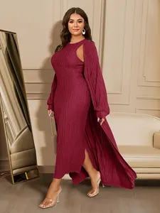 Long sleeved cardigans and sleeveless dresses, two-piece sets of plus size ribbed cardigans and dresses, women's plus size clothing