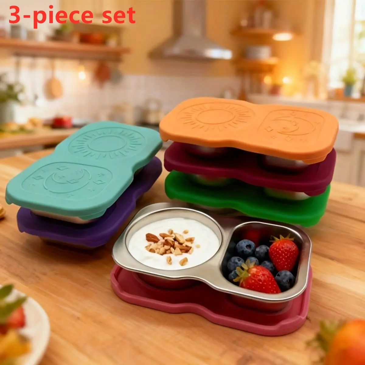 3 Pack 304 Stainless Steel Dual Compartment Snack and Sauce Containers with Silicone Sealing Lids, Leakproof Portable Reusable Condiment Cups for Salad Dressing, Dips, Meal Prep, Kitchen Storage, Stackable Lunch Container, Leakproof Dipping Containers