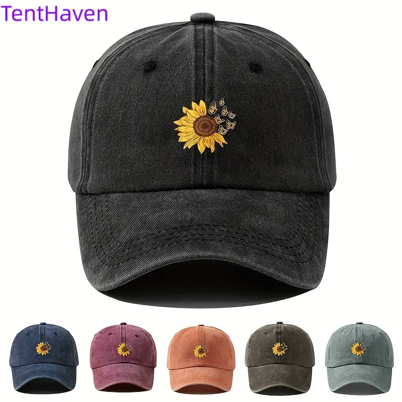 Sporty Chic Women's Baseball Cap with Butterfly & Sunflower Embroidery, Washed Imitation Denim, Adjustable 1 Size for Outdoor Sports, Female, One Size