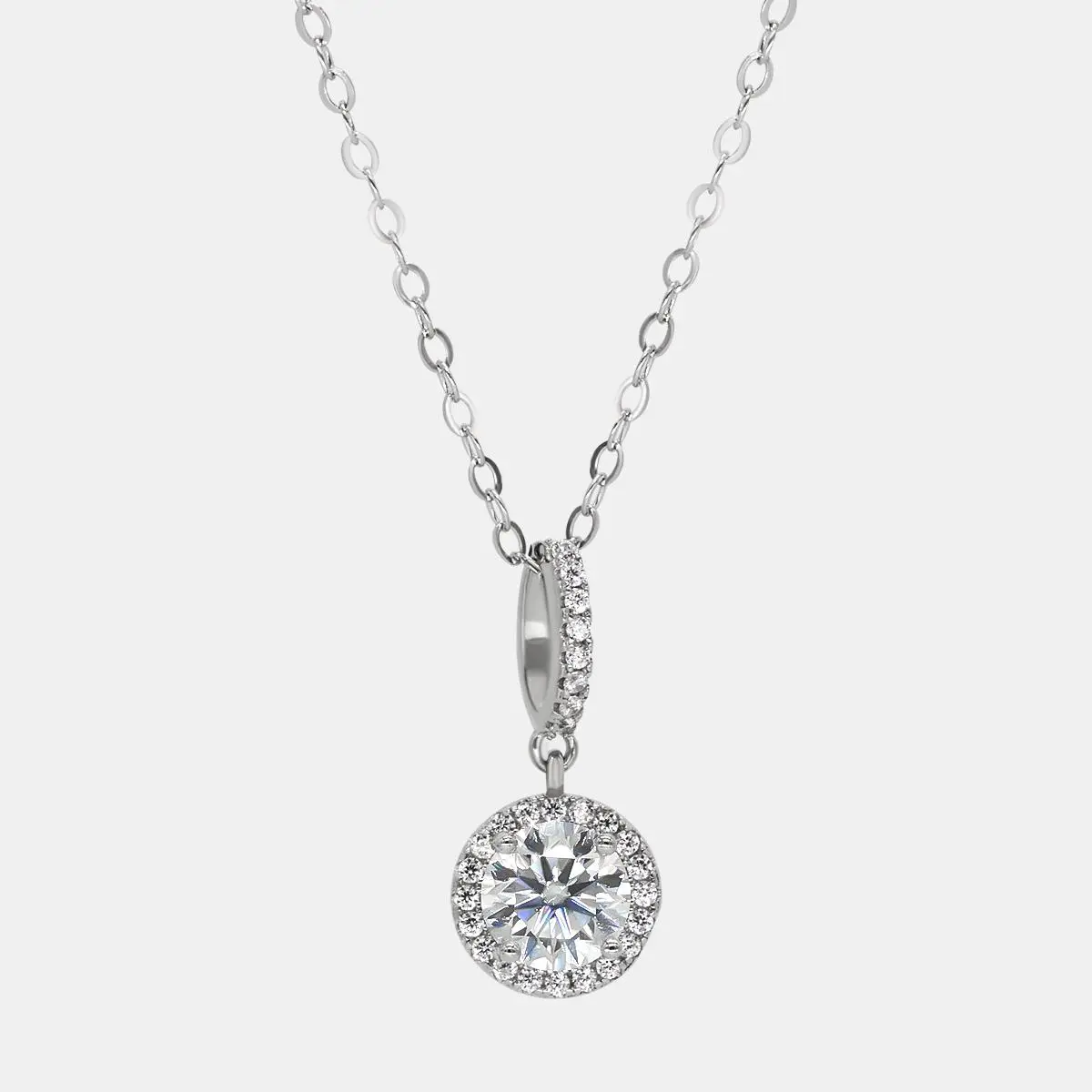 1CT Flash Series 925 Sterling Silver Round Shape Moissanite Stone Necklace, Valentine's Gift, 2-Length Chain, Two-Length Chain