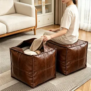 15.7-inch Square Pouf Seat for Old Clothes Storage, Lazy Sofa Footrest & Toy Blanket Organizer, No Fill, Brown, for Living Room Bedroom Unstuffed Faux Leather Ottoman Cover
