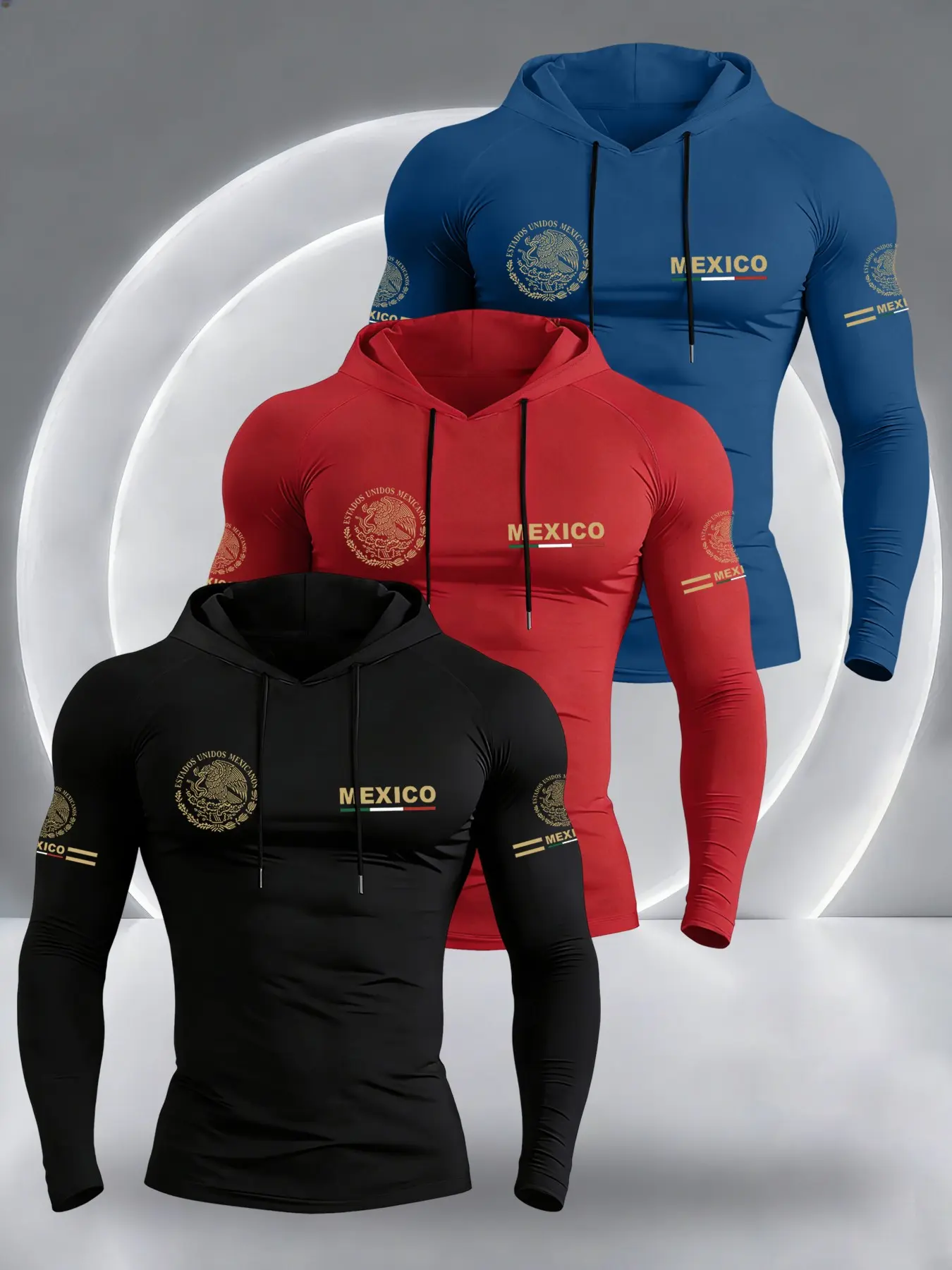 Men's Casual Hooded Long Sleeve T-Shirt 3 Pack Athletic Hoodie with Mexico Flag Eagle Print, Comfortable Breathable Fabric for Spring Fitness Athletic Style