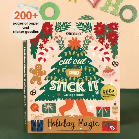 Grabie Holiday Magic Collage Activity Book - 200+ Pages Scrapbooking Book with 14.6"×18.1" Wrap, 36 Sheets, Die-Cut Cardstock, Double-Sided Smooth Writing Surface, Stickers, Craft Sheets, Vellum Layering for Kids' Christmas Creative Gift (HolidayHaul), Cu