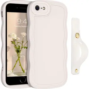 for iPhone SE 2022/2020 Case, iPhone 7/8 Phone Case Cute Curly Wave Shape Design Soft TPU with Wristband Kickstand Shockproof Protective Anti Slip Case for iPhone SE 3rd/2nd 4.7'',Antique White
