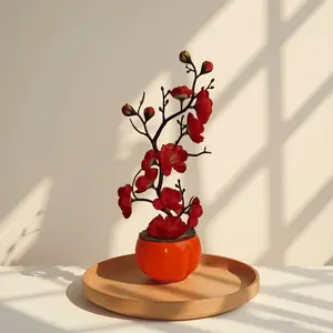 1Pcs Realistic Red Winter Jasmine Potted Plant – Holiday Artificial Flower, Vibrant Color – Great for Desk, Table Centerpiece, Party Decor – Must-Have for Chinese New Year, Christmas, Wedding, Spring Season – Zero Watering, Dust-Resistant