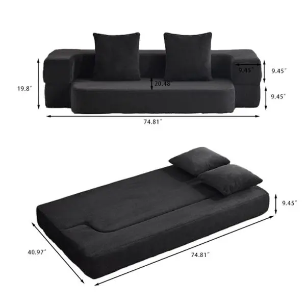 74.81-in Sturdy 2-in-1 Convertible Fold-Down Futon Sofa Bed, Adjustable Arms, High-Resilience Sponge, Modern Plush Classic Design, Compact Extendable Furniture for Small Apartments, Rentals & Home Offices