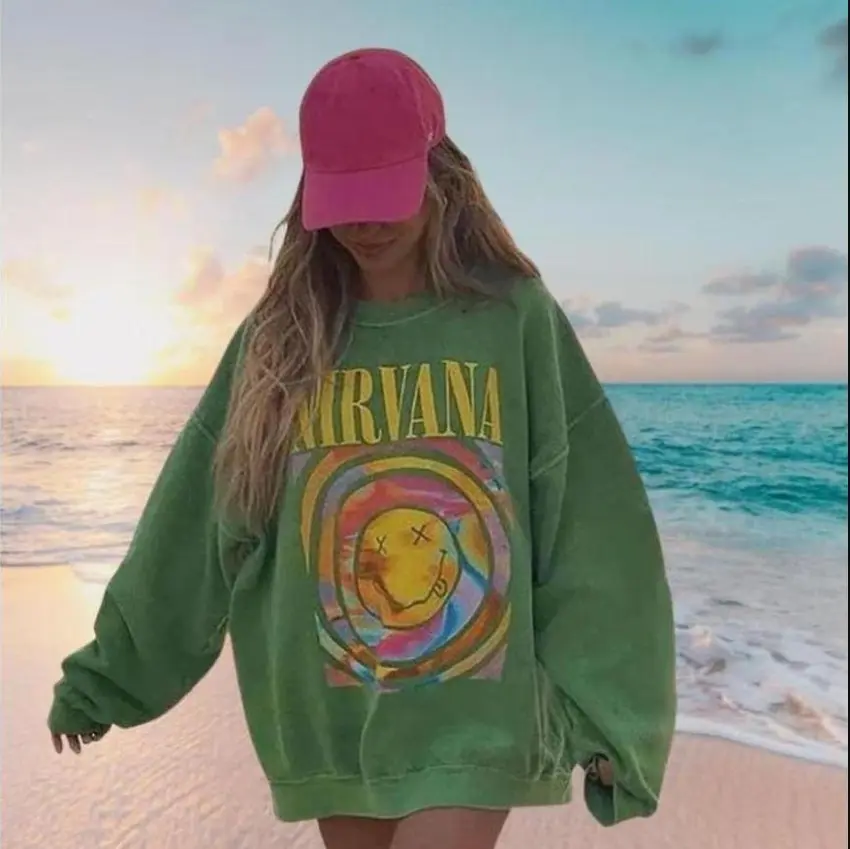 Nirvana Smile Face Sweatshirt, Preppy 90's Nirvana T-Shirt, Hot Pink Nirvana Sweatshirt, Hoodie Casual Cotton