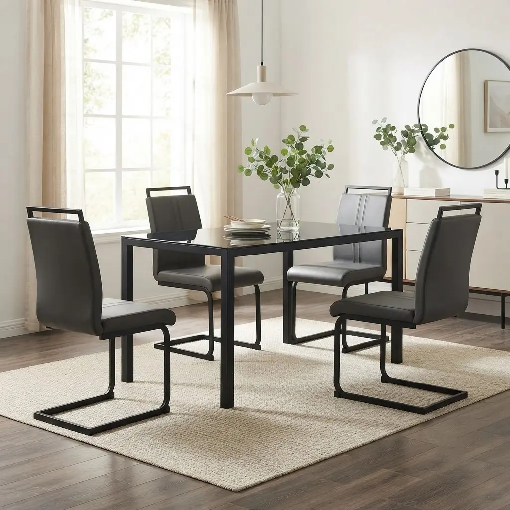 Minimalist 5-Piece Indoor Dining Table and Chair Set - 47-Inch Rectangular Scratch-Resistant Tempered Glass Table with 4 C-Shaped Legs PU Leather Chairs, Space-Saving for Small Apartments, Quick Setup, Easy Assembly, Black and Gray