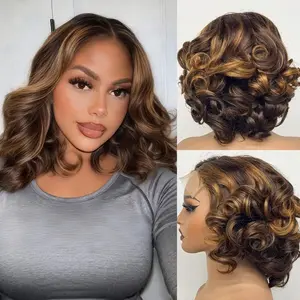 Body Wave Bob Wig Human Hair Loose Wave 13x4 HD Lace Front Wigs For Black Women Human Hair Pre Plucked Wear And Go Glueless Short Wet And Wavy Ombre Honey Blonde Highlight Color 4/27 12 Inch summerwins