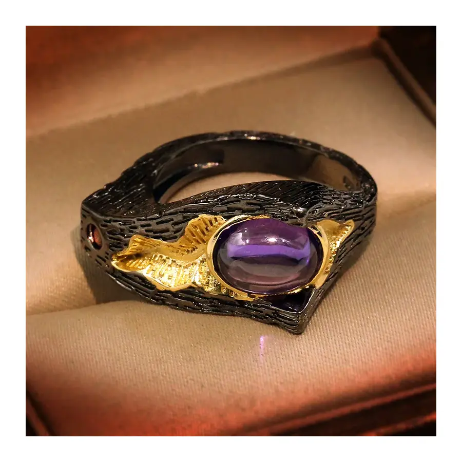 Vintage Chinese Style Lotus Leaf Series Natural Amethyst Lucky Closed Design Ring For Women Wedding Party Engagement Ring
