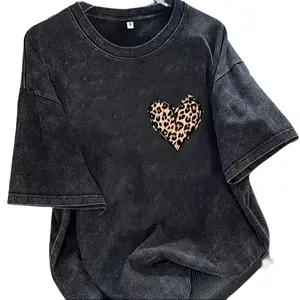 Leopard Print Heart Cotton Washed Tee