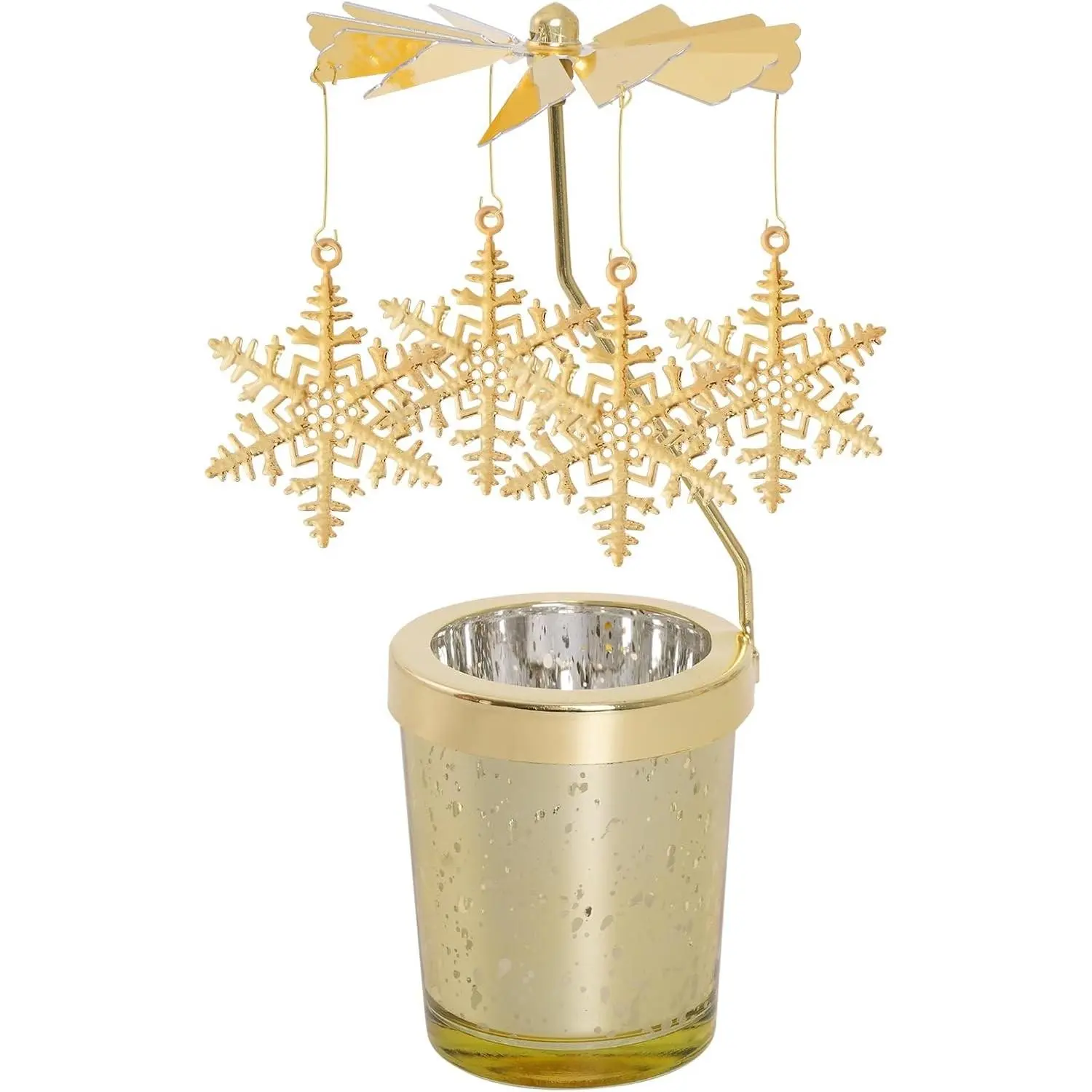 Rotating Spinning Tea Light Candle Holder Gold Glass Rotary Tealight Holder Revolving Table Centerpiece Decoration for Christmas Anniversary Birthday Party (Snowflake)