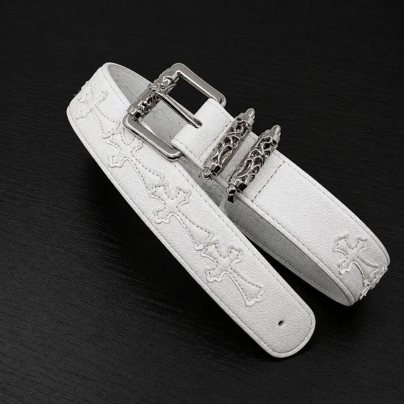 Men's Genuine White Leather Gothic Cross Belt, Vintage Embossed Leather Belt with Silver Pin Buckle, Punk Biker Streetwear Waist Belt for Jeans