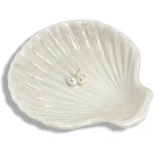 Ring Dish Shell Shape Ceramic  Dish Tray, Decorative Trinket Dish Organizing Rings Earrings Necklaces  for Mom Friend Sister, 3.9", White Iridescent Surface
