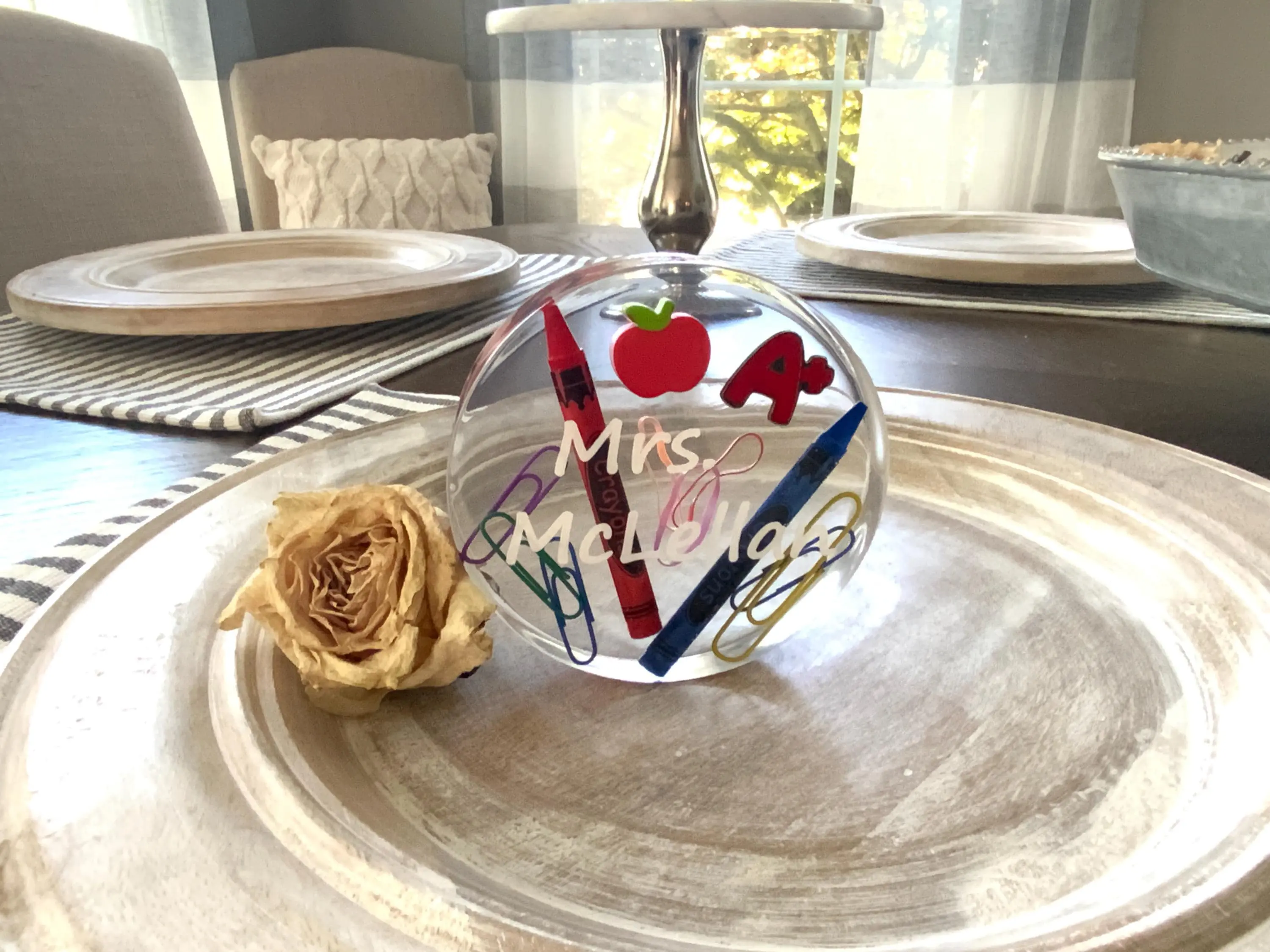 Personalized Teacher Gift Paperweight – Resin Apple & Crayon Keepsake