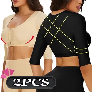2PCS Arm Shaper for Women Post Surgery Arm Lipo Compression Sleeves Arm Front Closure Shapewear Bra Long Sleeves Front Entry Push Up Seamless
