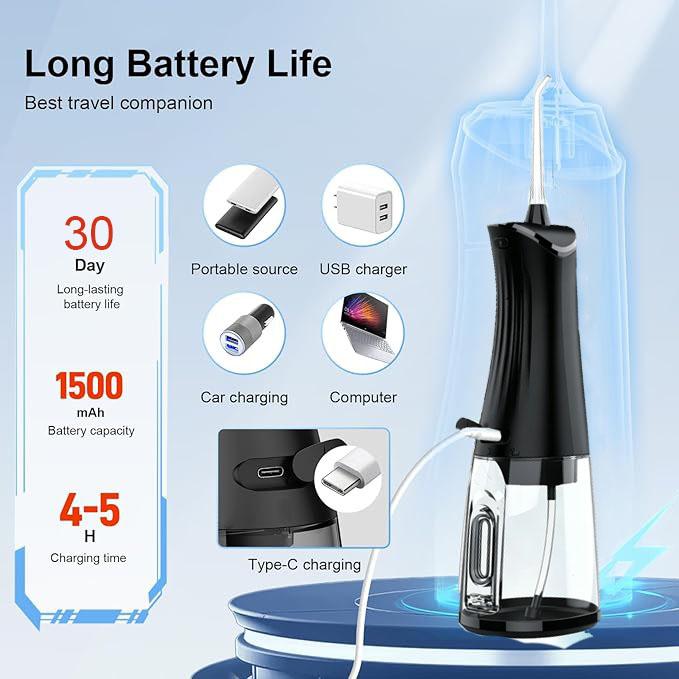 C5 Water Flosser  Wireless Portable Oral Irrigator Portable Wireless Oral Irrigator 320 mL  4 Nozzles  2 Modes  Rechargeable  IPX7 Waterproof Suitable for Braces Wearers  Removes Tonsil Stones/Dental Calculus Oral Plaque Remover smart chip