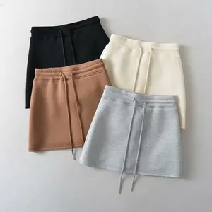 Women's Fashion Solid Color Drawstring Waist A-line Short Skirt Vintage High Waist Casual Air Layer Ladies Mini Skirt Womenswear