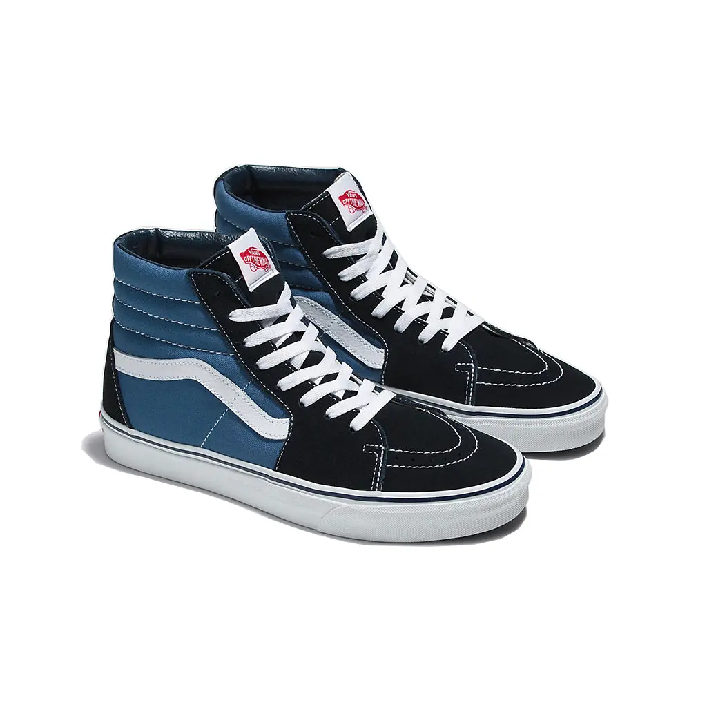 VANS Men's Sk8-Hi High-Top Trainer, Suede & Canvas Athletic Skate Shoes in Navy with Padded Collars and Signature Waffle Outsole, Closed, Lace Up, Sidestripe