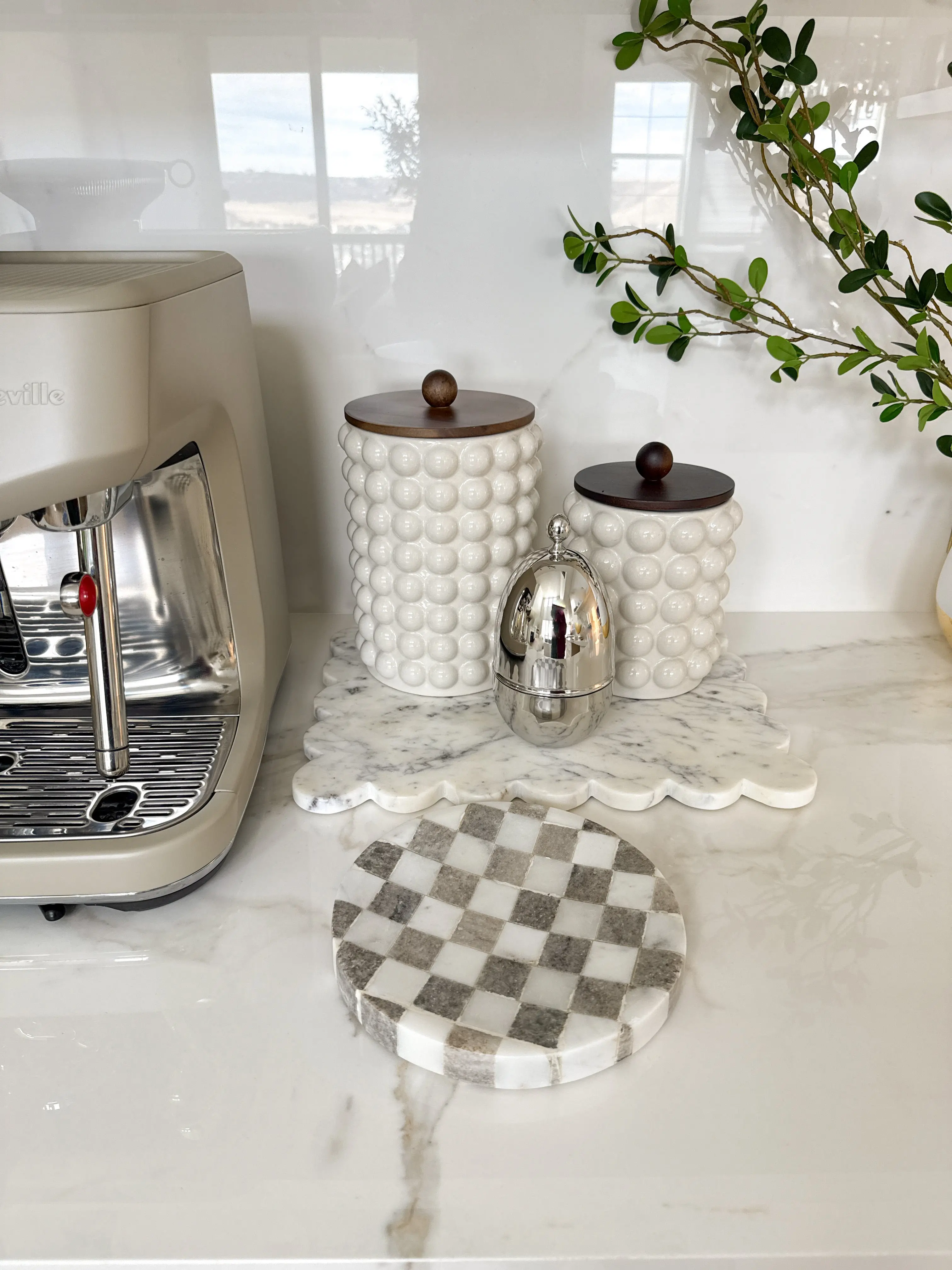 Checkered White and Taupe Marble Dish
