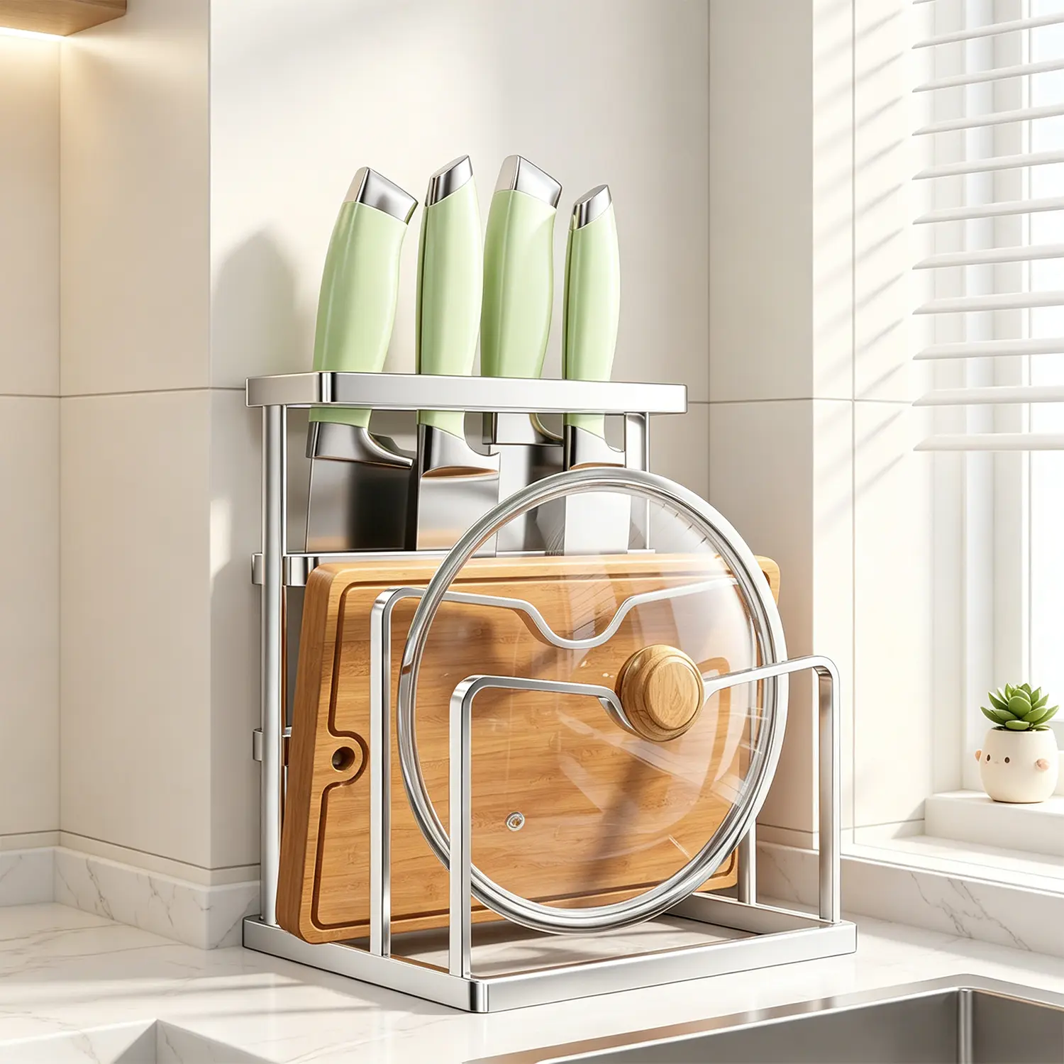 Multifunctional chopping board storage rack, lid rack, baking tray drying and display rack; suitable for kitchen worktops and cupboards. Ideal for lids, chopping boards, knives, spoons and spatulas. Includes a knife block with a drip tray.