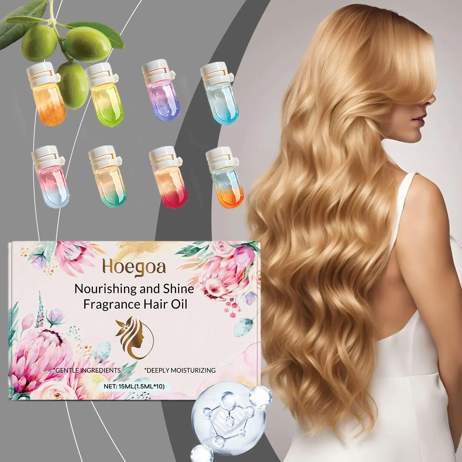 Hair care essential oil: Nourishes hair, imparts a light, shiny, smooth, and refreshing effect. It is a hair care essence. less loss
