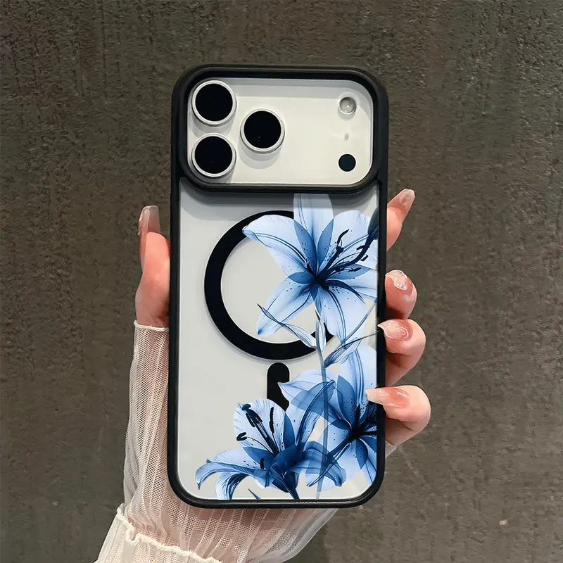 Blue Lily Whisper MagSafe Snap-On Magnetic Ring Cellphone Cover - Wireless Charging Compatible, Shockproof, Slim, Transparent Case for iPhone 17/16 Pro Max,15 Pro,14,13,12 Mini,11,XR,XS Plus,SE Handheld Devices Accessory