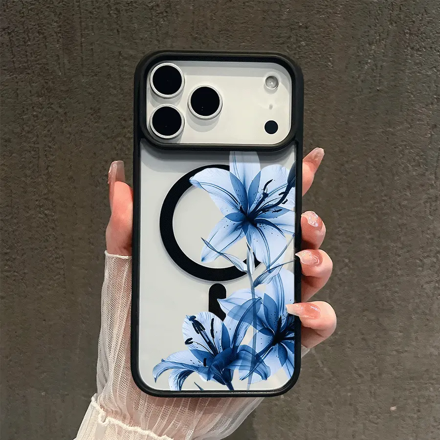 Blue Lily Whisper Magnetic MagSafe Snap Case for iPhone 17/16 Pro Max 15 Pro 14 13 12 Mini 11 XR XS Plus SE Shockproof Slim Protective Cover with Crystal Clear Design
