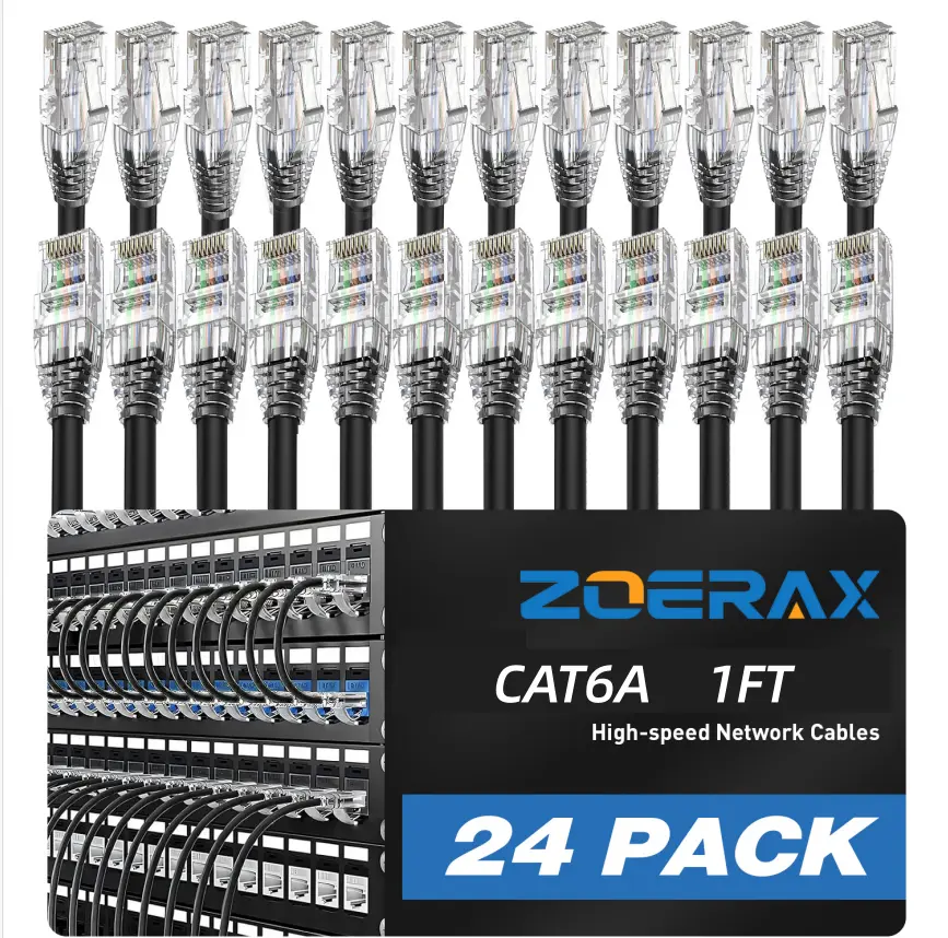 Zoerax 24-Pack of 1-Foot RJ45 CAT6A Ethernet Patch Cables, Compatible with Patch Panels, PCs, TVs, Tablets, and Routers