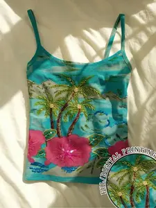 Women's Hawaiian Vacation Tank Top, Fashion Palm Tree Embroidery Mesh Crop Top, Summer Sleeveless Backless Vest, Beach Festival Travel