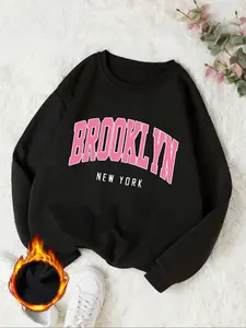 Brooklyn New York Letter Print Hoodie, Fashion Casual Sweatshirt, Casual Long Sleeve Drop Shoulder Sweatshirt for Fall & Winter, Women's Fitted Sporty Top