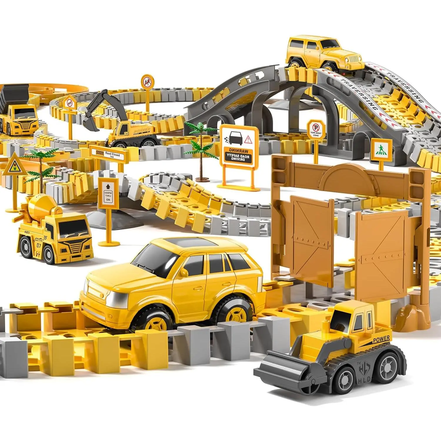 236-Piece Flexible Race Track Playset with Bridge & 6 Construction Toy Cars - Children Development, Healthy Hands-On Play for 3-4 Years Old Boys, Toddler Pretend Construction Birthday Gift