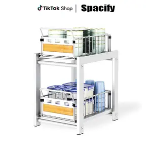 SPACIFY HOME White 2-Tier Slide Out Under Sink Organizer with Wooden Panel, Pull Out Drawer Cabinet Storage Shelf, Multifunctional Under Sink Storage Rack for Kitchen & Bathroom Pots, Pans, Dishes & Spice Organization