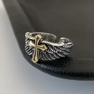 New product: Original vintage S925 Thai silver winged cross graffiti letter open ring, bold and unique men's ring