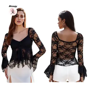 Women's Spring Summer V Neck Tops Long Sleeve Trendy Sheer Lace Floral Party Blouse