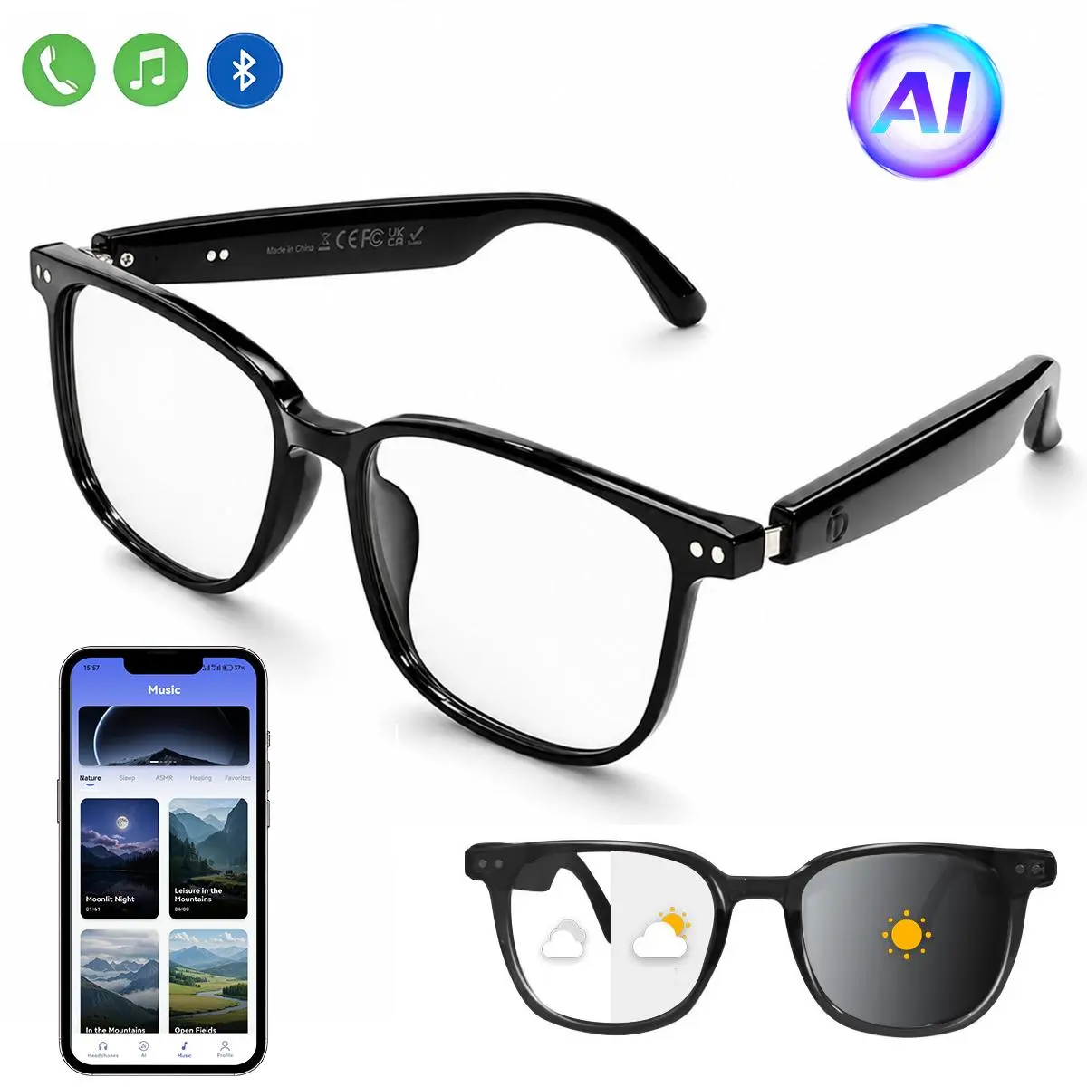 Smart Wireless Bluetooth Glasses - Fashionable Open-Air Audio, Touch Control for Music, Call Functionality, Multi-Function Wearable Eyewear
