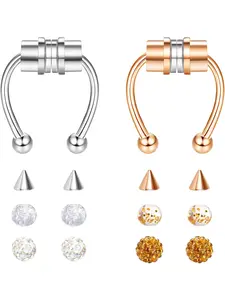 2 Pcs Rose Golden Silvery Magnetic Faux Septum Rings for Women Men Premium Stainless Steel Hypoallergenic Long-lasting Wearing Experience Classic Horseshoe Septum Hoop Design with Strong Magnetic Closure Non-pierced Clip on Nose Ring Nose Jewelry