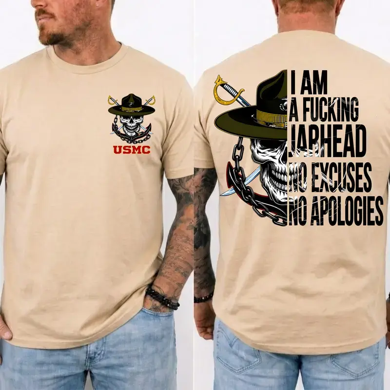 Women's Unisex Crew Neck Short-Sleeve USMC Jarhead Skull Graphic T-Shirt - No Excuses No Apologies Vintage Marine Tops with Comfortable Fabric, Shortsleeve, Vintage Tee, Graphic Print, Medium Length, Round Neck, True To Size