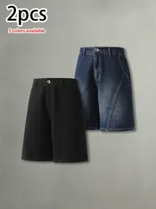 Available in packs of 4, 3, or 2; summer men’s washed distressed denim shorts—trendy retro deconstructed patchwork design, casual versatile loose athletic denim shorts.summervibes