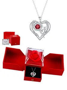 Cute Cat Heart Pendant Necklace, Eternal Love Heart Pendant with Immortal Flower Rose Box, Ideal Gift for Wife Girlfriend Birthday Festival Anniversary, Bling Stylish Accessory, Elegant Necklace