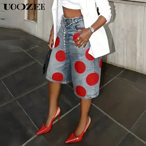 UOOZEE Women's Vintage Red Polka Dot Denim High Waist Bermuda Shorts(ONLY), Non-Stretch Cotton Blend Wide Leg Jean Shorts with Pockets(Smaller Waist Fit - Check Size Guide or Order One Size Larger)