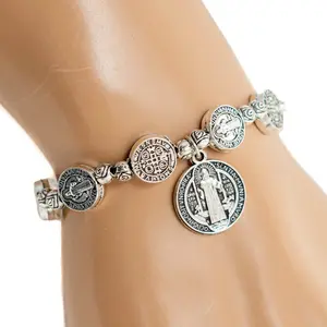 Saint St Benedict Medal Silver Rosary Bracelet Pulsera De Plata De San Benito Jewelry Charms fathersdaygifts Elegant Bangle