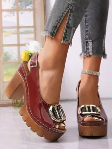 Women's Spring Summer New Chunky Heel Anti-Slip Casual Vacation Shoes, PU Leather, Medium Width, Rubber Sole, Open Toe, Metal Accent, High Heels